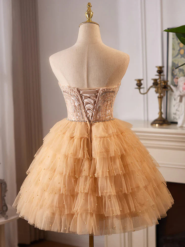 A-Line Tulle Lace Champagne Short Prom Dress, Champagne Homecoming Dress ED008