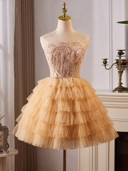 A-Line Tulle Lace Champagne Short Prom Dress, Champagne Homecoming Dress ED008