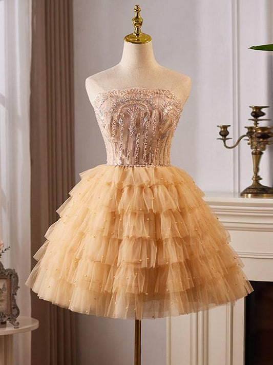 Vestido de fiesta corto color champán con encaje de tul y corte A, vestido de bienvenida color champán ED008