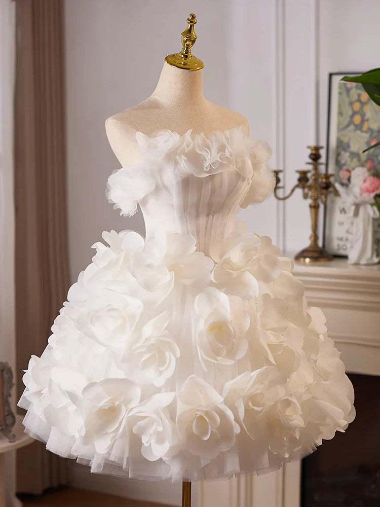Vestido corto de fiesta con tul blanco y flores, bonito vestido de quinceañera ED009