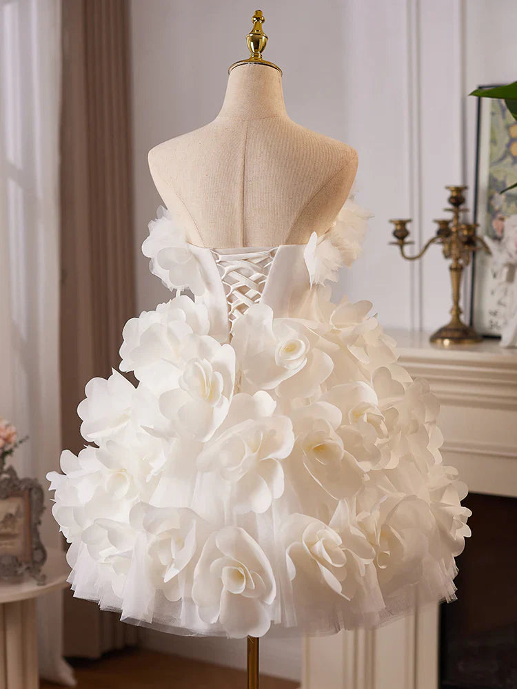 Vestido corto de fiesta con tul blanco y flores, bonito vestido de quinceañera ED009