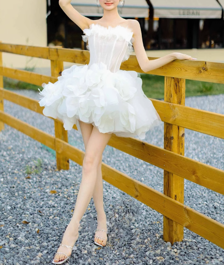 Vestido corto de fiesta con tul blanco y flores, bonito vestido de quinceañera ED009