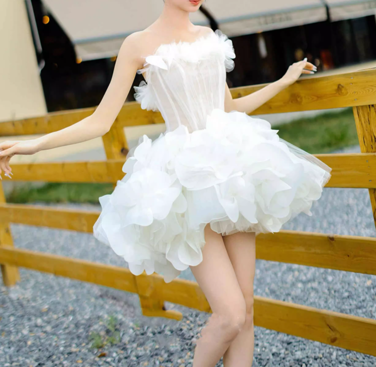 Vestido corto de fiesta con tul blanco y flores, bonito vestido de quinceañera ED009