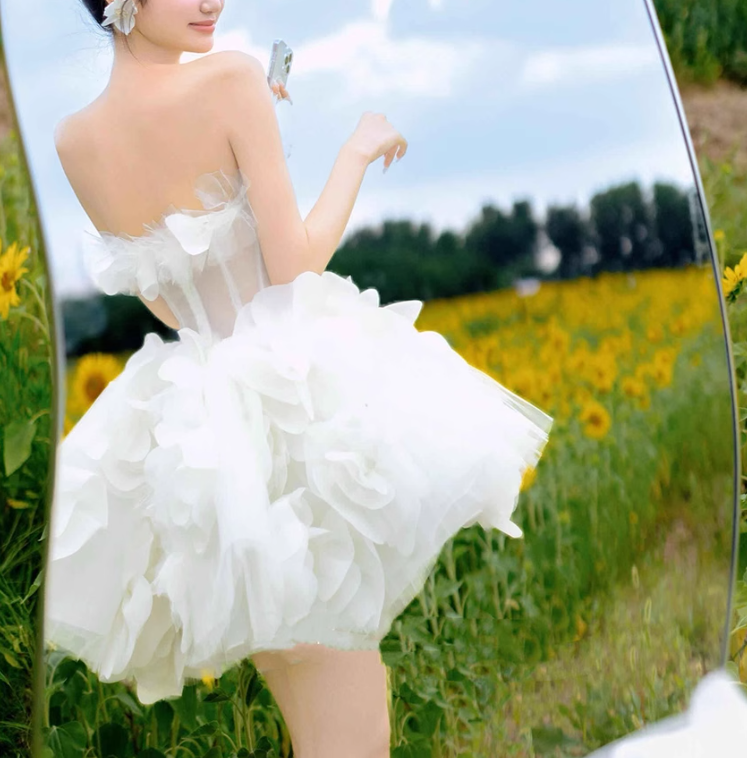 Vestido corto de fiesta con tul blanco y flores, bonito vestido de quinceañera ED009
