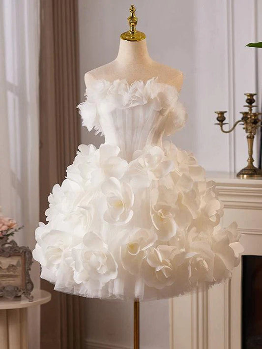 Vestido corto de fiesta con tul blanco y flores, bonito vestido de quinceañera ED009