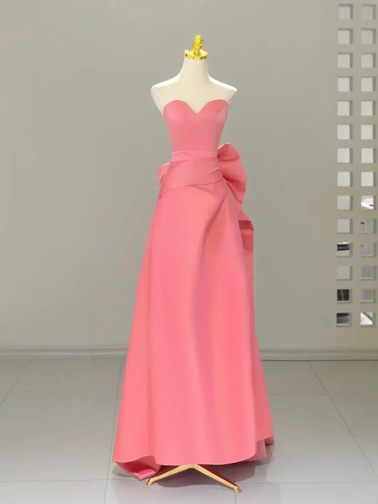Vestido de fiesta largo de satén rosa con escote corazón y corte en A, vestido formal largo rosa ED010