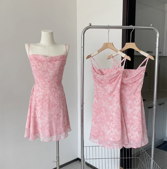 Pink romantic floral suspender dress  ED01015
