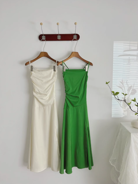 Green Satin Swing Neck Suspender Dress Birthday Dress  ED01017