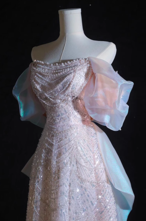Vestido de fiesta largo de tul con lentejuelas y cuentas, corte A, hombros descubiertos, color rosa suave, vestido de noche rosa ED01033
