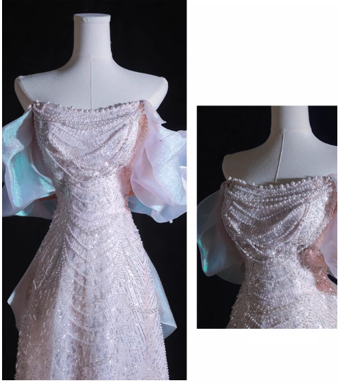 Vestido de fiesta largo de tul con lentejuelas y cuentas, corte A, hombros descubiertos, color rosa suave, vestido de noche rosa ED01033