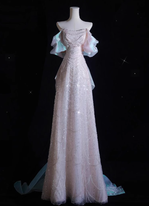 Vestido de fiesta largo de tul con lentejuelas y cuentas, corte A, hombros descubiertos, color rosa suave, vestido de noche rosa ED01033