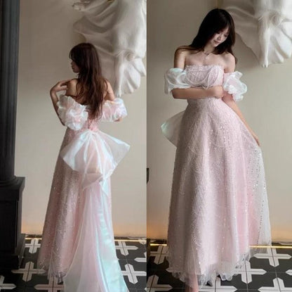 Vestido de fiesta largo de tul con lentejuelas y cuentas, corte A, hombros descubiertos, color rosa suave, vestido de noche rosa ED01033
