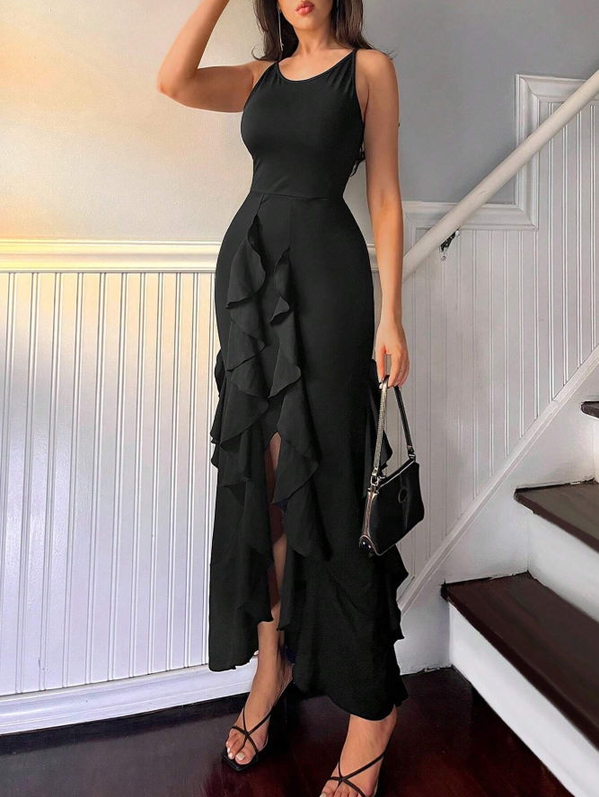 Vestido largo de fiesta de satén negro, vestido de cumpleaños negro ED01038