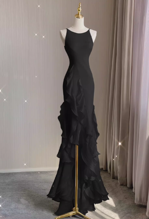 Vestido largo de fiesta de satén negro, vestido de cumpleaños negro ED01038