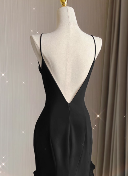 Vestido largo de fiesta de satén negro, vestido de cumpleaños negro ED01038