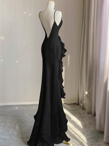 Vestido largo de fiesta de satén negro, vestido de cumpleaños negro ED01038