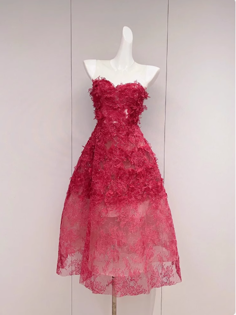 Vestido de fiesta corto rojo de tul bordado en forma de A, vestido de fiesta rojo ED01039