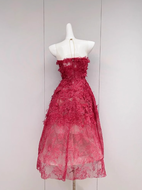 Vestido de fiesta corto rojo de tul bordado en forma de A, vestido de fiesta rojo ED01039