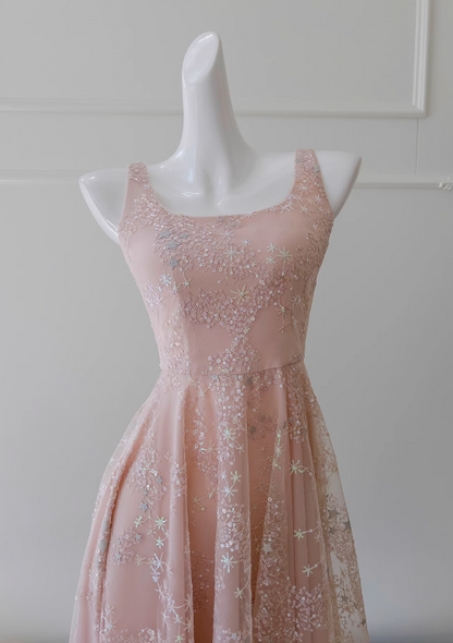 Vestido de fiesta corto de tul con lentejuelas en color rosa claro, corte A, vestido de fiesta rosa claro ED01040