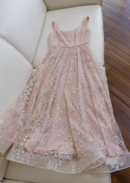 Vestido de fiesta corto de tul con lentejuelas en color rosa claro, corte A, vestido de fiesta rosa claro ED01040