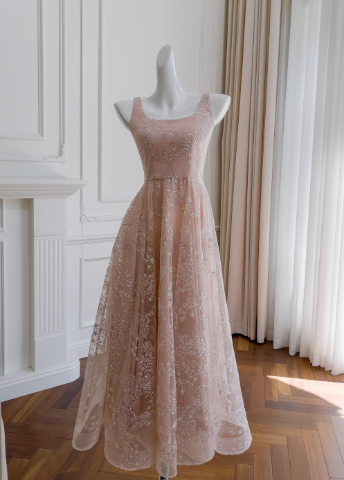 Vestido de fiesta corto de tul con lentejuelas en color rosa claro, corte A, vestido de fiesta rosa claro ED01040