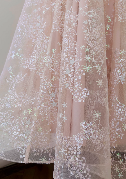 Vestido de fiesta corto de tul con lentejuelas en color rosa claro, corte A, vestido de fiesta rosa claro ED01040