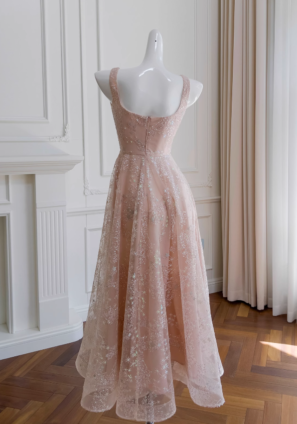 Vestido de fiesta corto de tul con lentejuelas en color rosa claro, corte A, vestido de fiesta rosa claro ED01040