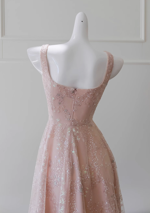 Vestido de fiesta corto de tul con lentejuelas en color rosa claro, corte A, vestido de fiesta rosa claro ED01040
