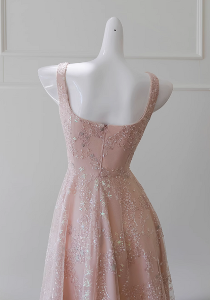 Vestido de fiesta corto de tul con lentejuelas en color rosa claro, corte A, vestido de fiesta rosa claro ED01040