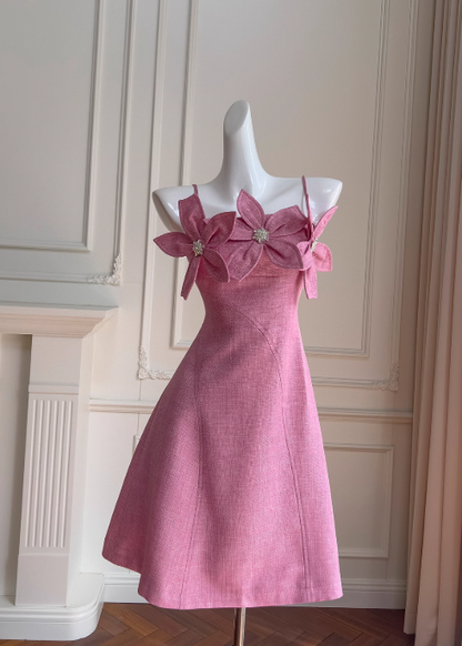 Vestido de fiesta corto con tirantes finos en color rojo rosa, vestido de fiesta en color rojo rosa ED01041