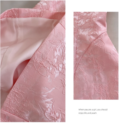 Vestido de fiesta corto rosa con tirantes finos y corte A ED01042