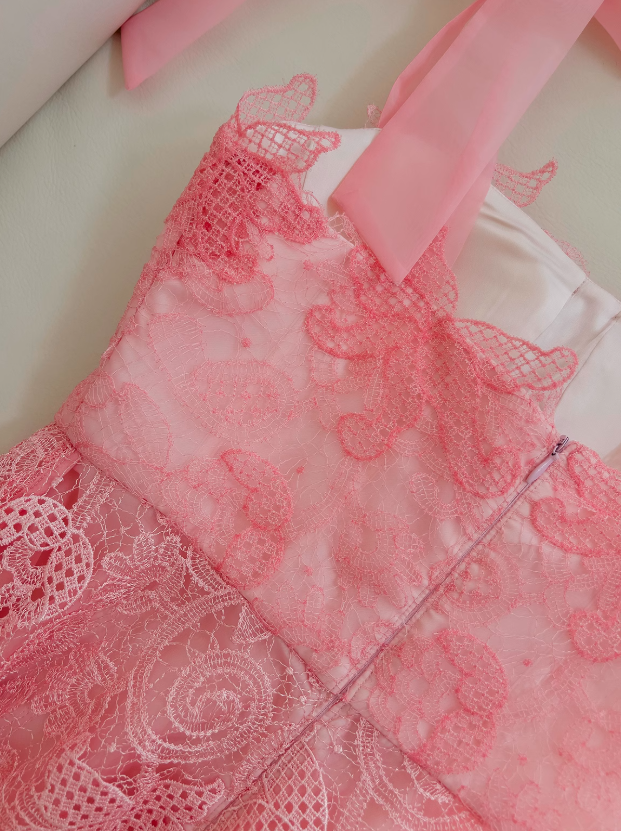 Vestido de fiesta corto de tul con encaje en forma de A en color rosa, vestido de fiesta rosa ED01043
