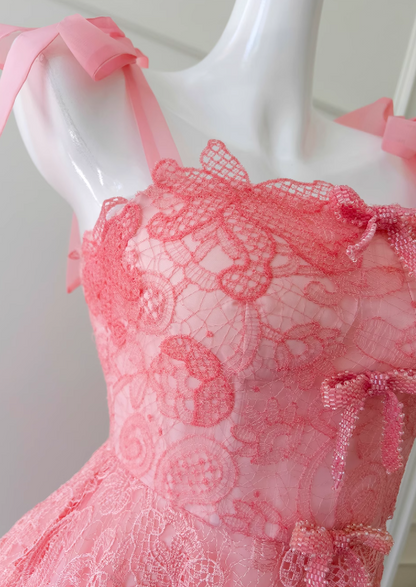 Vestido de fiesta corto de tul con encaje en forma de A en color rosa, vestido de fiesta rosa ED01043