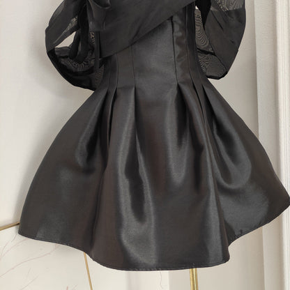 Vestido de fiesta corto de satén y tul negro con hombros descubiertos, corte A, vestido de fiesta rosa ED01054