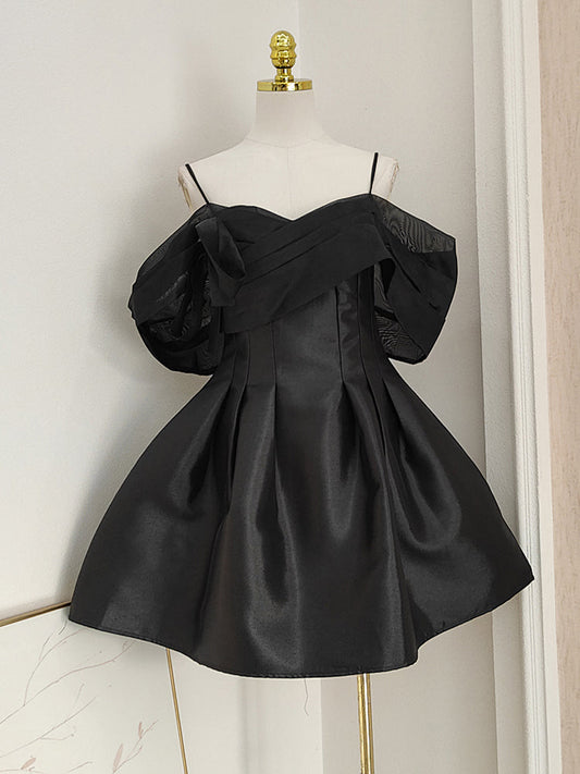 Vestido de fiesta corto de satén y tul negro con hombros descubiertos, corte A, vestido de fiesta rosa ED01054