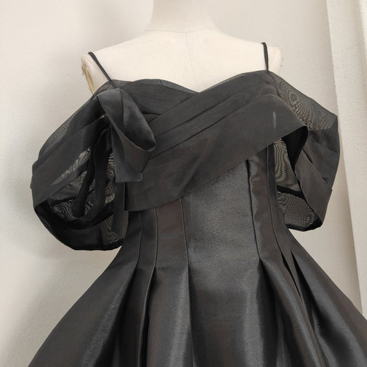 Vestido de fiesta corto de satén y tul negro con hombros descubiertos, corte A, vestido de fiesta rosa ED01054