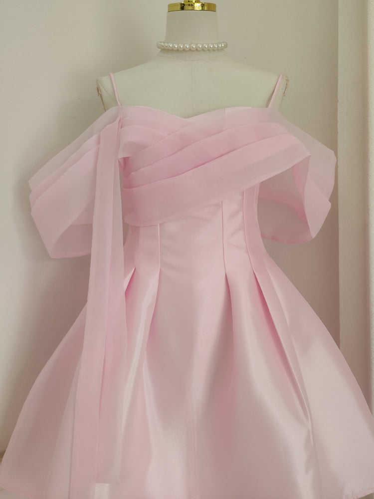 Vestido de fiesta corto de satén y tul rosa con hombros descubiertos, corte A, vestido de fiesta rosa ED01056