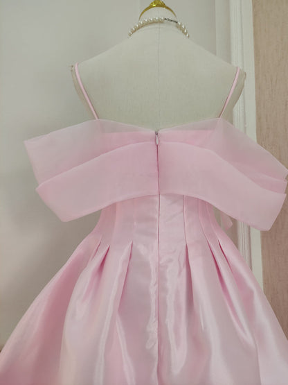 Vestido de fiesta corto de satén y tul rosa con hombros descubiertos, corte A, vestido de fiesta rosa ED01056