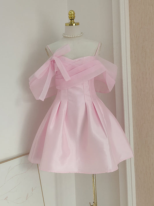 Vestido de fiesta corto de satén y tul rosa con hombros descubiertos, corte A, vestido de fiesta rosa ED01056