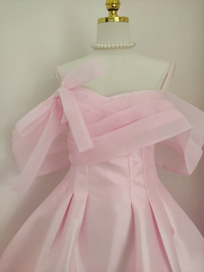 Vestido de fiesta corto de satén y tul rosa con hombros descubiertos, corte A, vestido de fiesta rosa ED01056