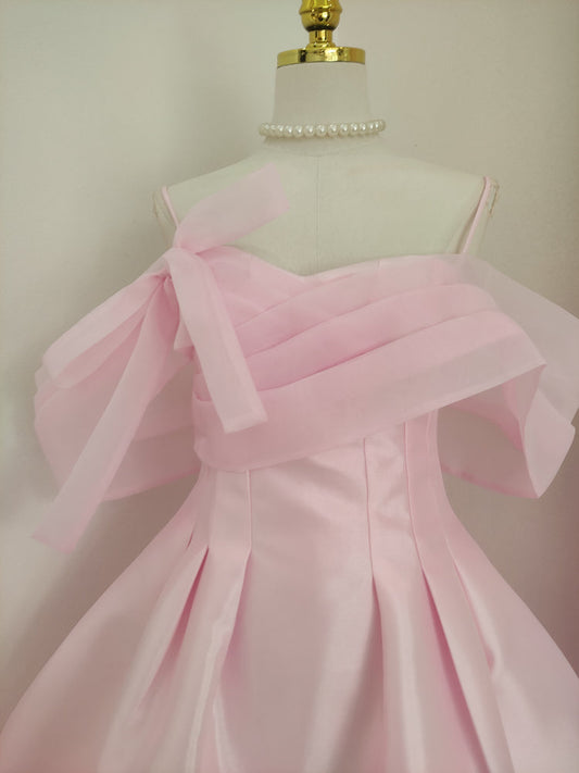 Vestido de fiesta corto de satén y tul rosa con hombros descubiertos, corte A, vestido de fiesta rosa ED01056