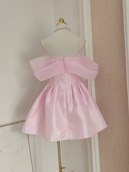 Vestido de fiesta corto de satén y tul rosa con hombros descubiertos, corte A, vestido de fiesta rosa ED01056