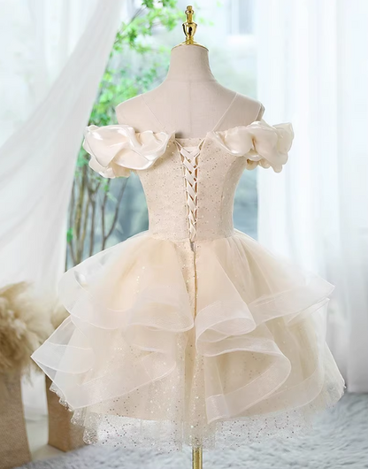 Vestido de fiesta corto de tul con encaje y hombros descubiertos, corte A color champán, vestido de regreso a casa color champán ED01055
