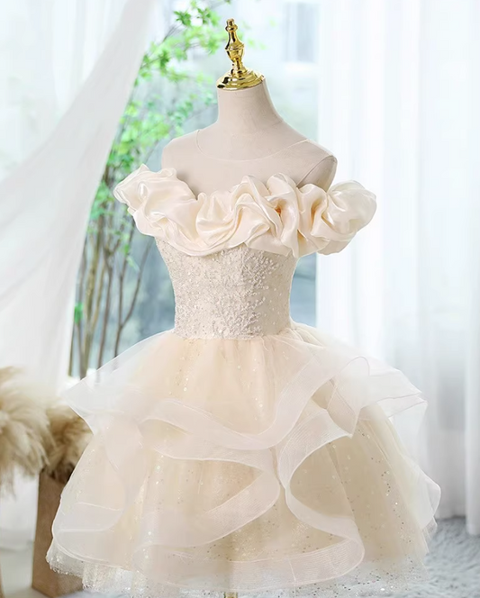 Vestido de fiesta corto de tul con encaje y hombros descubiertos, corte A color champán, vestido de regreso a casa color champán ED01055