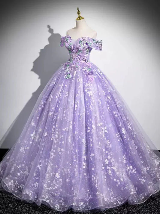 Vestido de fiesta largo morado de tul con encaje y hombros descubiertos, corte A, vestido formal largo morado ED01058