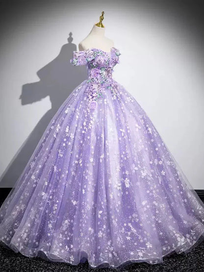 Vestido de fiesta largo morado de tul con encaje y hombros descubiertos, corte A, vestido formal largo morado ED01058