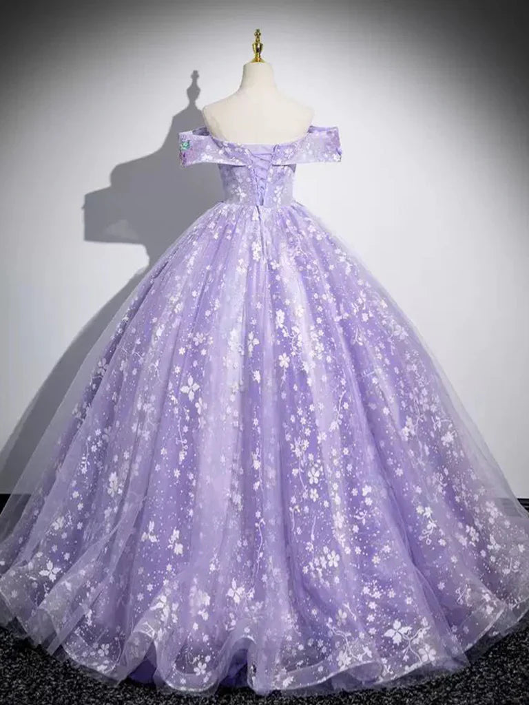 Vestido de fiesta largo morado de tul con encaje y hombros descubiertos, corte A, vestido formal largo morado ED01058