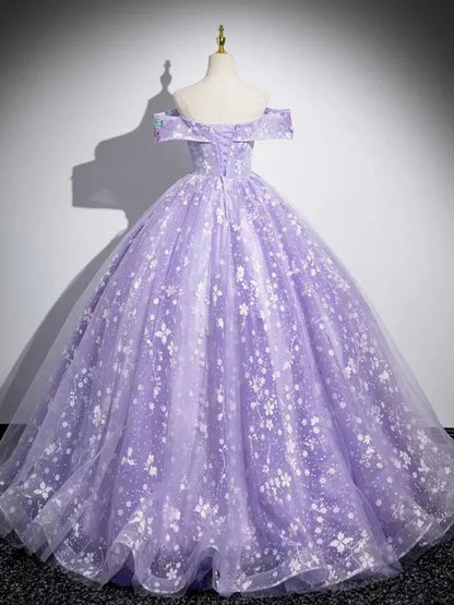 Vestido de fiesta largo morado de tul con encaje y hombros descubiertos, corte A, vestido formal largo morado ED01058