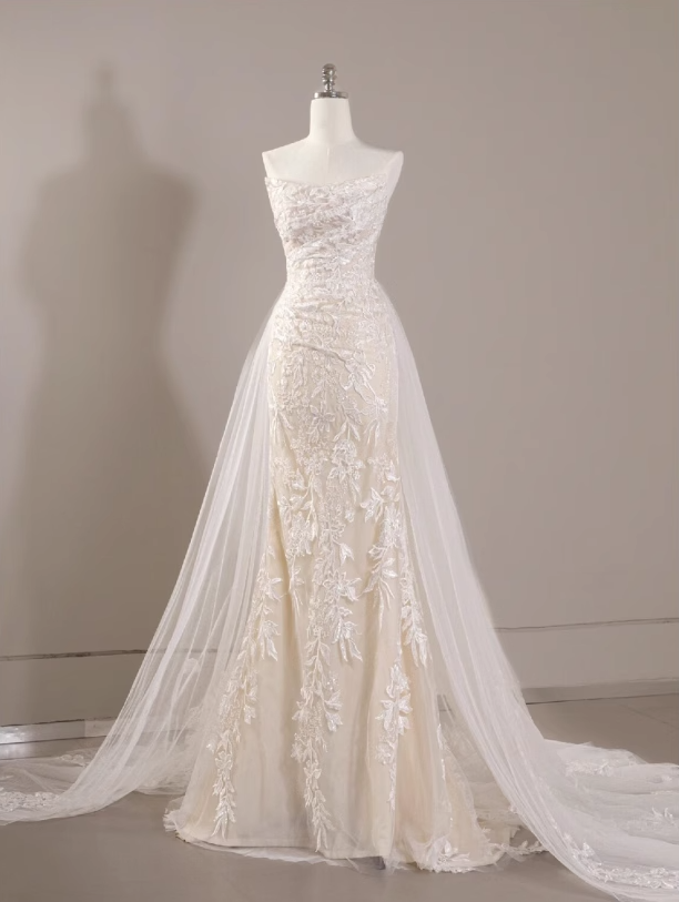 Vestido de fiesta largo de tul con encaje de sirena blanco, vestido de novia blanco ED01061