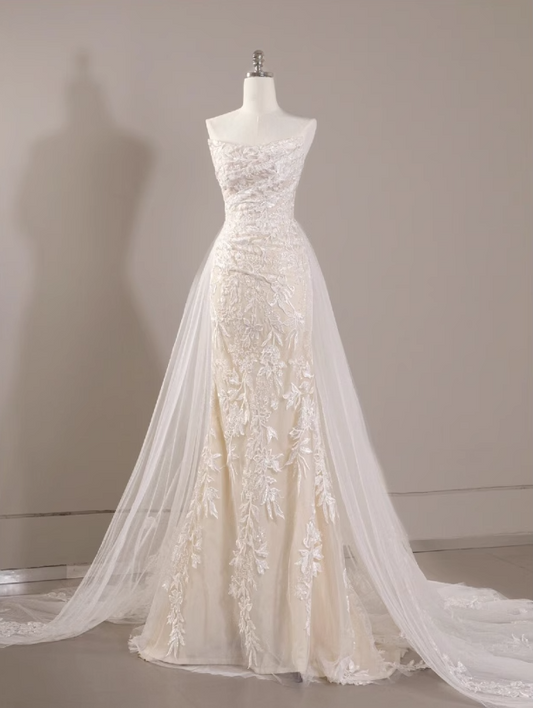 Vestido de fiesta largo de tul con encaje de sirena blanco, vestido de novia blanco ED01061